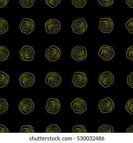 Spring abstract vector background with yellow roses silhouette. Flower blossom petal blooming illustration. Rose seamless pattern on a black background.