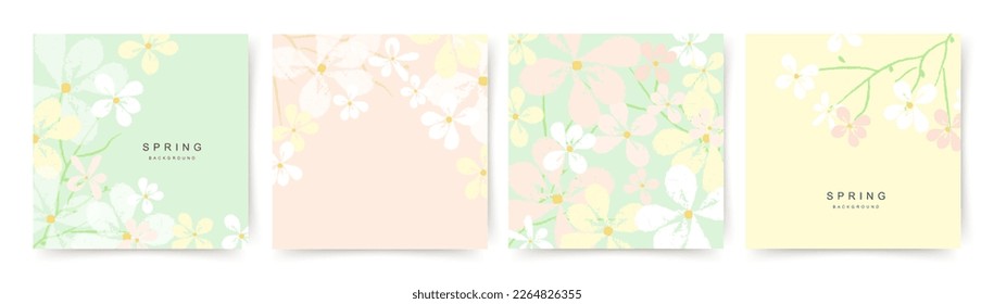 Spring abstract vector backgrounds with flowers, green branches and leaves. Art illustration for card, banner, invitation, social media post, poster, mobile apps, advertising