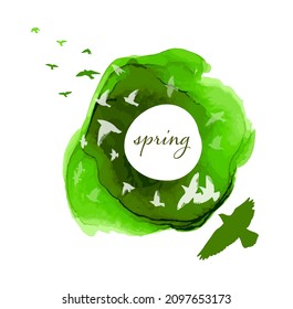 Spring abstraction watercolor. Green blot and flying birds. Vector illustration