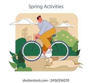 Spring Activities concept. Man enjoys a bike ride, accompanied by a playful dog, amidst a city park in bloom.