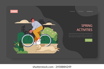 Concepto de actividades de primavera. Hombre disfruta de un paseo en bicicleta, acompañado por un perro juguetón, en medio de un parque de la ciudad en flor.