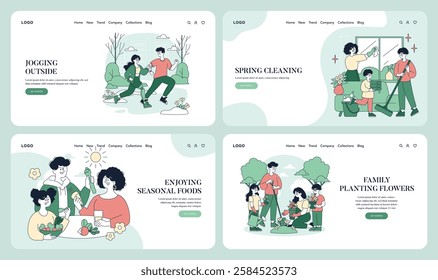 Spring activities and family time featured in four engaging illustrations. Jogging, cleaning, enjoying seasonal foods, and planting flowers capture the essence of an early spring lifestyle. Vector