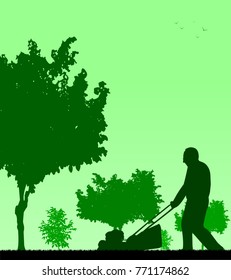 Spring activities in garden, man cut the lawn silhouette. Layered vector illustration, one in the series of similar images