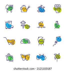 Spring activities and gardening fun color icons set. Such as butterfly, bicycle, seedling, rainbow, bbq. Pixel perfect, editable stroke icons