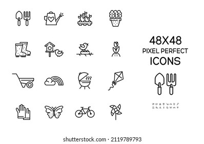 Spring activities and gardening icons set. Such as butterfly, bicycle, seedling, rainbow, bbq. Pixel perfect, editable stroke 48x48 icons