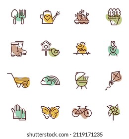 Spring activities and gardening pastel color icons set. Such as butterfly, bicycle, seedling, rainbow, bbq. Pixel perfect, editable stroke icons