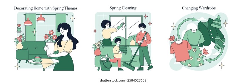 Spring activities are highlighted through home decoration, cleaning routines, and wardrobe changes. Families engage in refreshing spaces and clothing, embracing the joy of the season. Vector