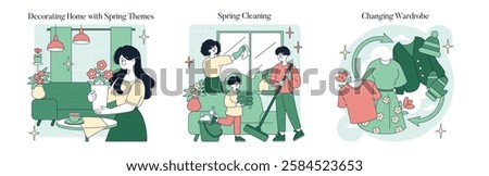 Spring activities are highlighted through home decoration, cleaning routines, and wardrobe changes. Families engage in refreshing spaces and clothing, embracing the joy of the season. Vector