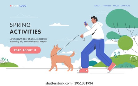 Spring activities landing page or banner template. Man walking with dog in the park. Vector flat cartoon illustration