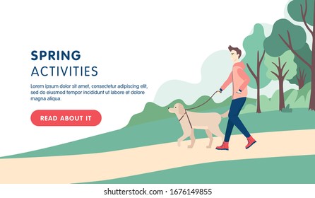 Spring activities landing page design. Man wearing sport clothes and walking with a dog in the park. Flat cartoon vector illustration.