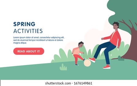 Spring activities landing page design. Young african father with his little son playing football oin the spring park.  Flat cartoon vector illustration.