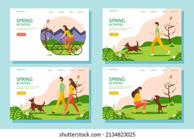 Spring activity web banner set. The concept of an active and healthy lifestyle. Vector illustration in flat style.	