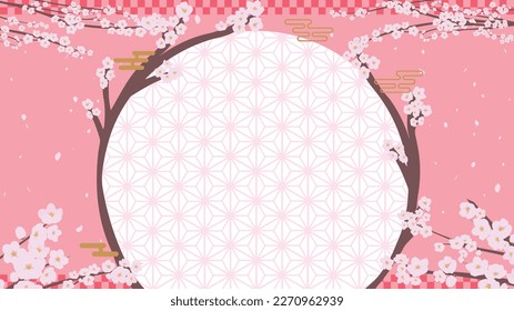 Spring ad banner background template with dancing petals and blooming cherry blossoms (pink)