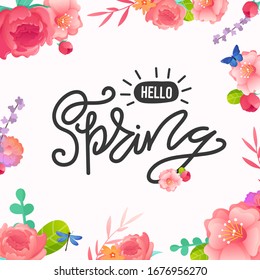 Spring ad text and bright flowers and butterflies. Vector background design for greeting and advertising products.