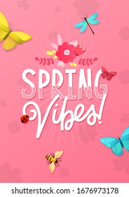 Spring ad text and bright flowers and butterflies. Vector background design for greeting and advertising products.