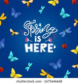 Spring ad text and bright insects butterflies. Vector background design for greeting and advertising products.