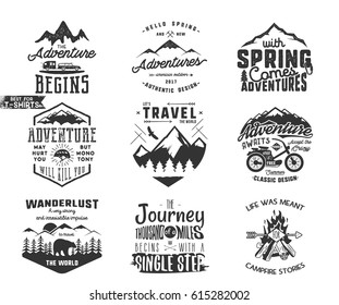 Spring adventure and mountain explorer typography labels set. Outdoors activity inspirational insignias.Silhouette hipster style. Best for t shirts, mugs. Vector patches isolated on white background.