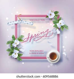 Spring advertising banner of New Collection. Flyer template with lettering and a frame. Spring white flowers, a cup of tea, hanger and falling petals on abstract background