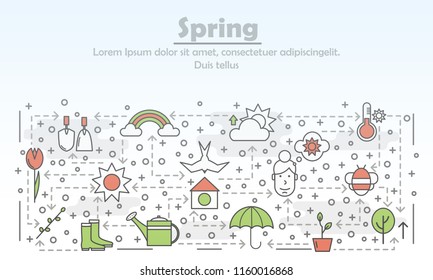Spring advertising poster banner template. Garden tools and clothes, spring season symbols. Vector thin line art flat style design elements, icons for website banners and printed materials.