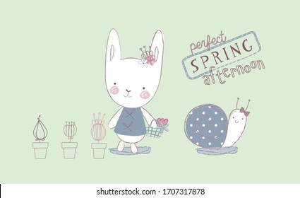 "spring afternoon" Squirrel and rabbit and flower is so cute and beautiful butterfly .Snail .Appropriate for kart. fashion kids Can be printed on t-shirts, pillow, poster, mug, bag