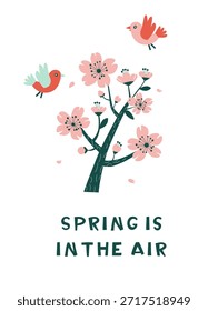 La primavera está en el árbol de flor de cerezo del aire con la ilustración de los pájaros. Tarjeta de felicitación de la flor de la primavera con el Arte vectorial plano de Sakura y de las aves Rama floreciente y pájaros voladores Ilustración suave de la primavera