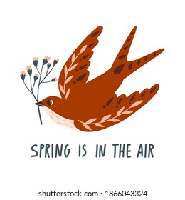 Spring is in the air. Cute cartoon bird with flower. Banner, poster, card print, seasonal decor with lettering. Flat hand drawn vector illustration. Doodle flying swallow with floral ornament. Folk st