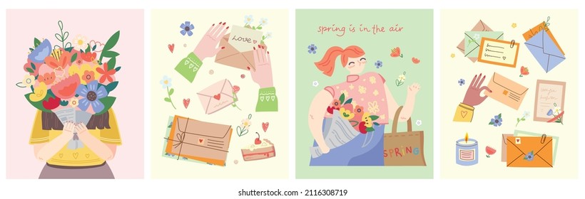 Spring is in the air. Cute girl holding a bouquet of flowers. Vector stock illustration. Design for the holiday of spring, birthday.