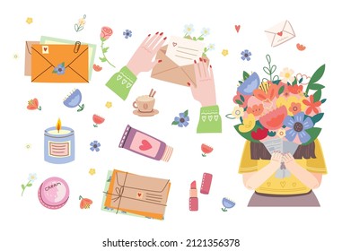 Spring is in the air. Cute girl holding a bouquet of flowers. Vector stock illustration. Design for the holiday of spring, birthday, diary.