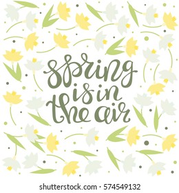 Spring is in the air - greeting card. Lettering. Floral Design. Green leaves, narcissus and snowdrops. Vector illustration.