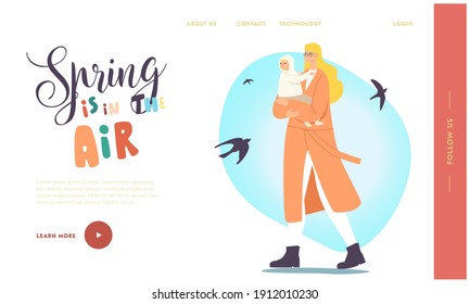 Spring in the Air Landing Page Template. Happy Family Characters Walking at Spring. Young Mother with Baby on Hands Spend Time Together, Outdoors Weekend Leisure. Cartoon People Vector Illustration