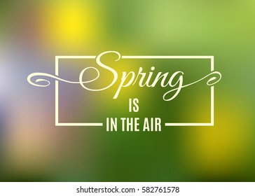 Spring is in the air lettering on a frame isolated on blurred green background. Vector illustration.