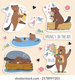 spring is in the air, spring mood, spring sticker set, beaver, beaver with flowers, funny beaver, beaver stickers, flowers, delicate flowers, flower logo, birds singing, spring, saxophone, love