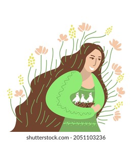 Spring allegory illustration, girl with nest and flowers