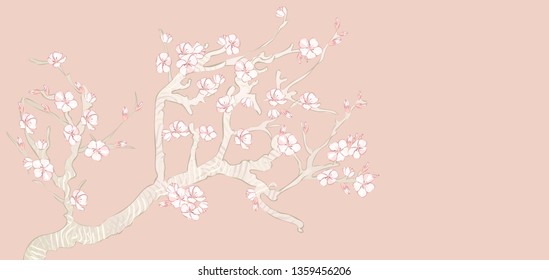 Spring almond branch, flowers in vector. Blooming tree vintage. Boho style. By pictures Vincent Van Gogh almond branch retro.