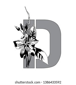 Spring alphabet. Designer letter D. Decorative font with floral motif. Black and white botanical image of a bouquet of forest flowers on the background of the letter