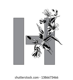 Spring alphabet. Font decorated with a bouquet of forest flowers. Vector image of letter H with primroses