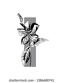 Spring alphabet. Font decorated with a bouquet of forest flowers. Vector image of letter I with primroses