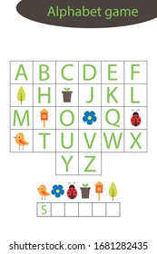 Spring alphabet game for children, make a word, preschool worksheet activity for kids, educational spelling scramble game for the development of children, vector illustration