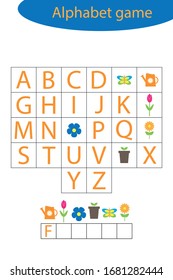 Spring alphabet game for children, make a word, preschool worksheet activity for kids, educational spelling scramble game for the development of children, vector illustration