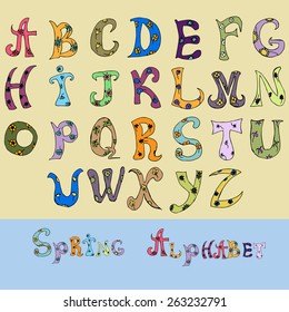Spring alphabet hand-drawn  in doodle style