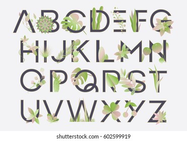 Spring Alphabet Letters Decorated With Green Lush, Monstera Leaves, Succulents And Cacti Plants