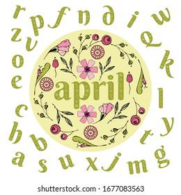 spring alphabet, single letters in the style of doodling, flowers doodling