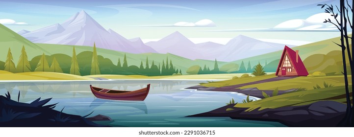 Spring alps mountain panorama view cartoon background. Lonely hut near lake and wooden boat in water beautiful alpine scene. Horizontal mountainscape and hills with ridge peak in Switzerland.