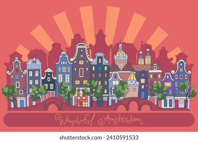 Spring Amsterdam city with traditional european houses at sunset