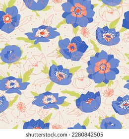 Spring anemone seamless pattern. Floral Elegant blossom background Illustration for greeting card, fabric, wallpaper or wrapping paper