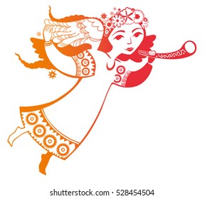 Spring angel with the trumpet. Vector template.