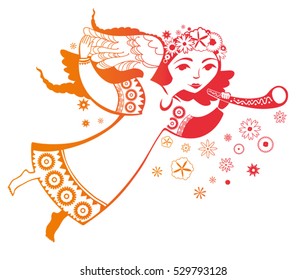 Spring angel with the trumpet. Vector template.
