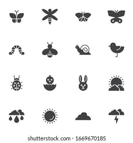 Spring, animal vector icons set, modern solid symbol collection, filled style pictogram pack. Signs, logo illustration. Set includes icons as insects, butterfly, bird, snail, ladybird, sunny weather