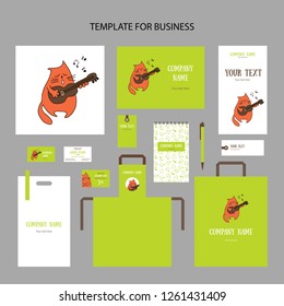 Spring animalistic elements of corporate identity for business on green background. Cute singing red cartoon cat with a guitar and notes isolated. Brochures, cards, packages and price tags, vector