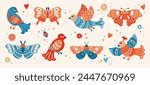 Spring animals. Woodland nature insects. Butterfly and bird with cute ornaments. Wild birdies. Colorful fantasy moths. Summer wildlife. Zoo elements. Vector cartoon flying creatures set